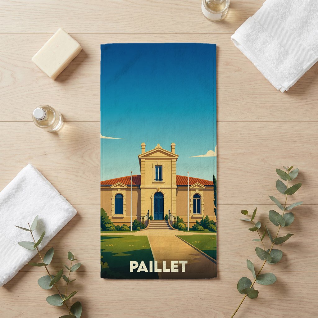 Serviette de bain souvenir de la ville de Paillet avec une illustration stylisée de sa mairie.
