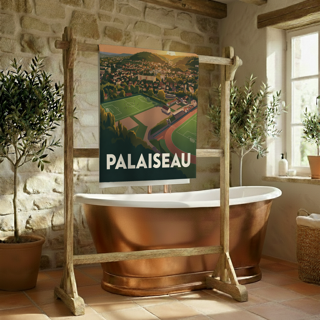 Serviette de bain souvenir de la ville de Palaiseau avec une illustration stylisée de ses paysages et terrains de sport.
