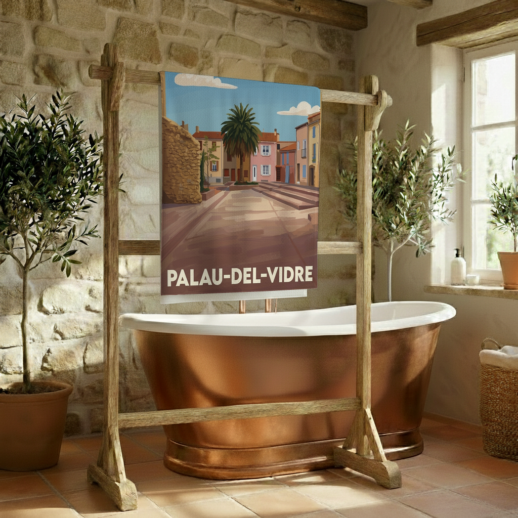 Serviette de bain souvenir de la ville de Palau-del-Vidre avec une illustration stylisée.