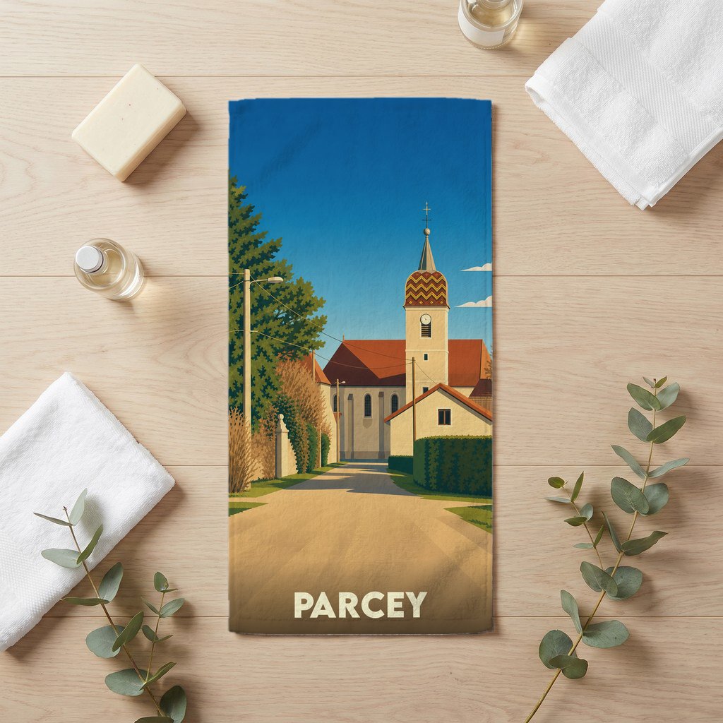 Serviette de bain souvenir de la ville de Parcey avec une illustration stylisée.