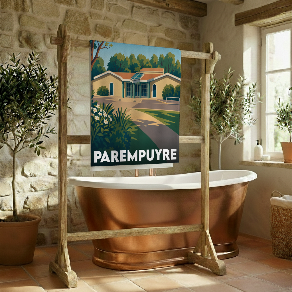 Serviette de bain souvenir de la ville de Parempuyre avec une illustration stylisée.