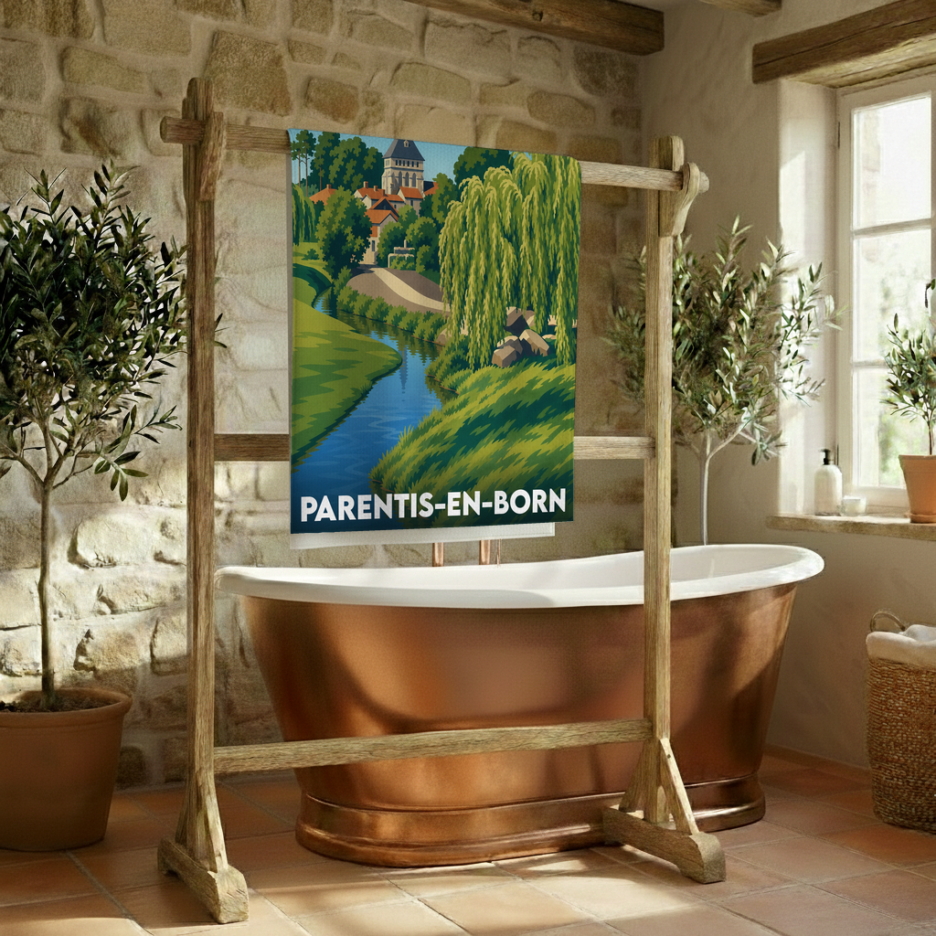 Serviette de bain souvenir de la ville de Parentis-en-Born avec une illustration de paysage stylisée.