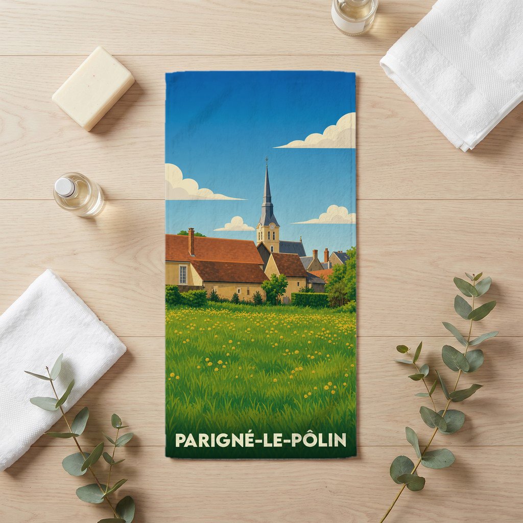 Serviette de bain souvenir de la ville de Parigné-le-Pôlin avec une illustration de paysage champêtre.