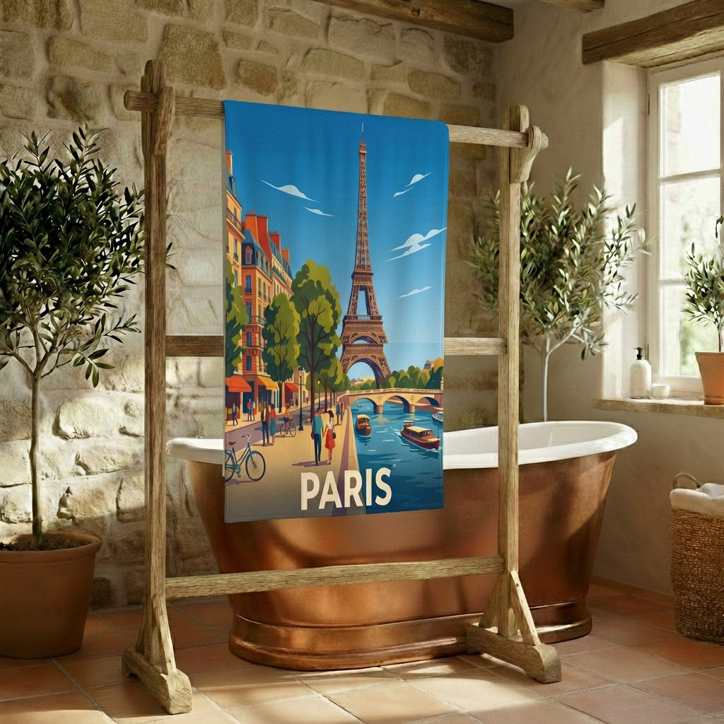 Serviette de bain souvenir de la ville de Paris avec une illustration stylisée de la tour Eiffel.