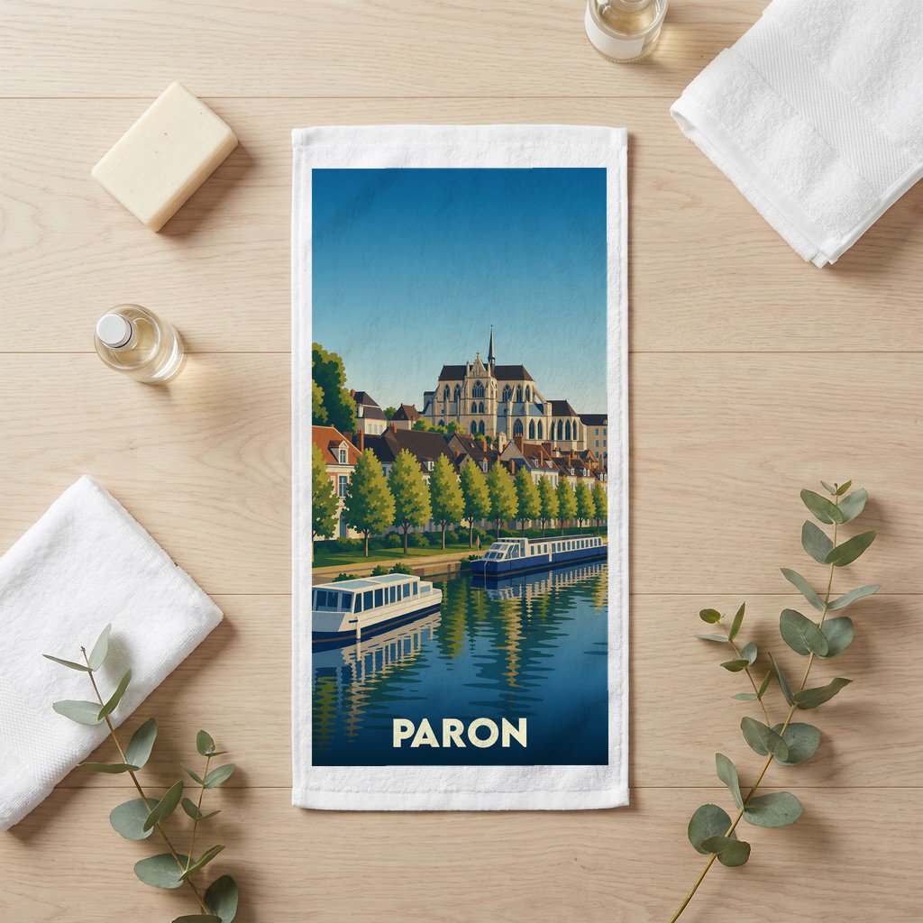 Serviette de bain souvenir de la ville de Paron avec une illustration stylisée des bords de l'Yonne.