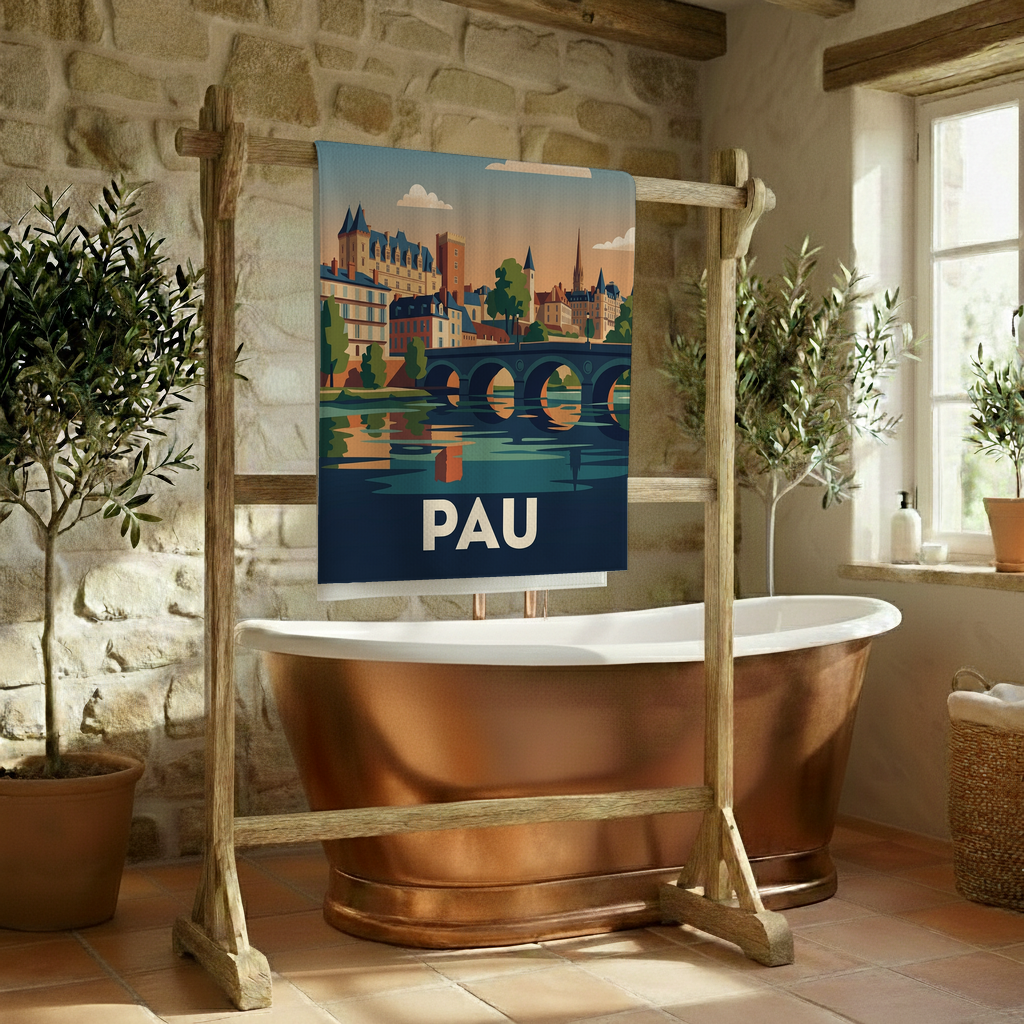 Serviette de bain souvenir de la ville de Pau avec une illustration stylisée.