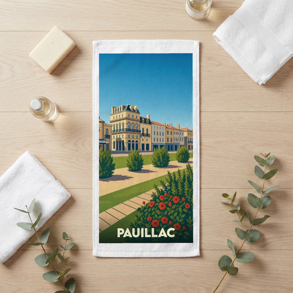 Serviette de bain souvenir de la ville de Pauillac avec une illustration stylisée.