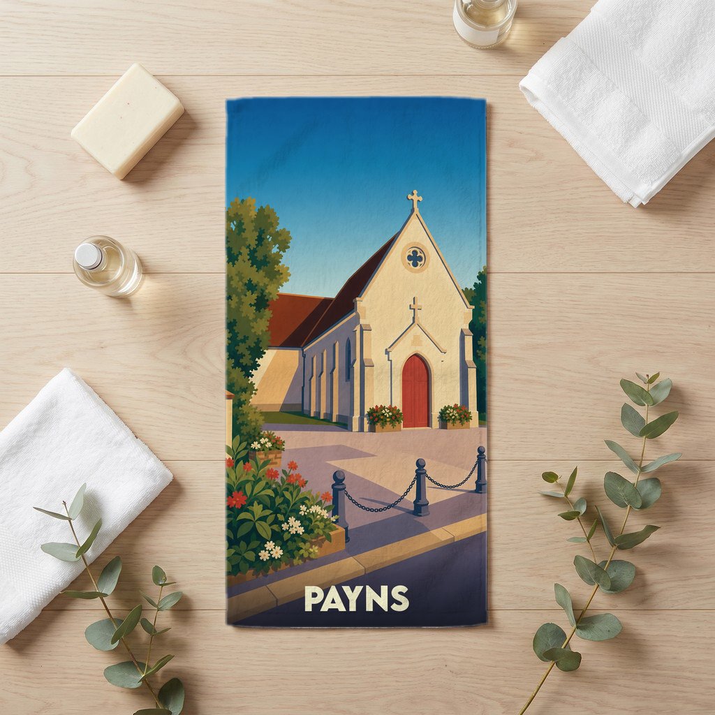 Serviette de bain souvenir de la ville de Payns avec une illustration stylisée de son église.