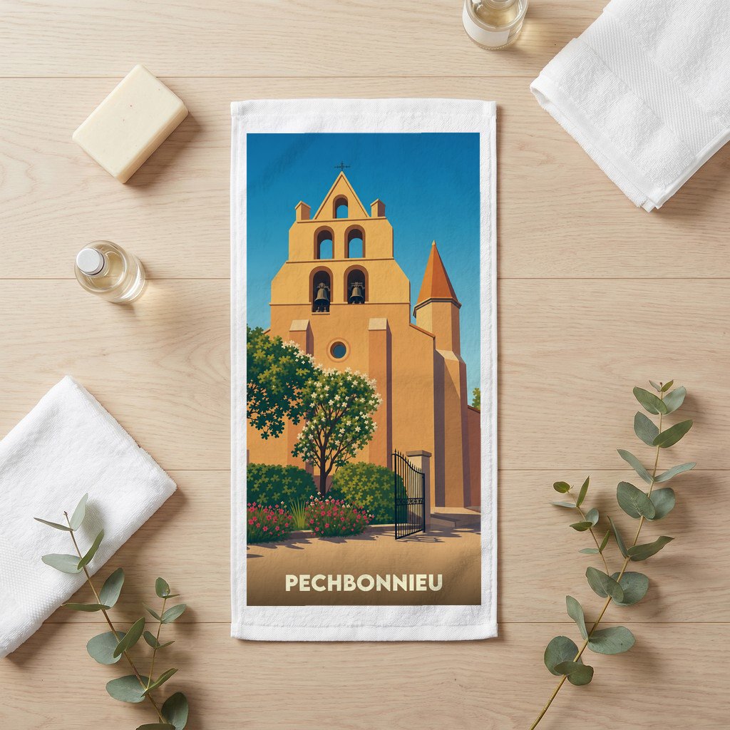 Serviette souvenir de la ville de Pechbonnieu avec une illustration stylisée de son église.