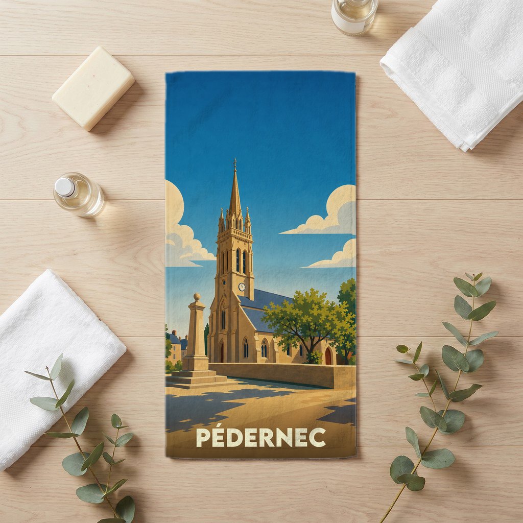 Serviette de bain souvenir de la ville de Pédernec avec une illustration stylisée de son église.