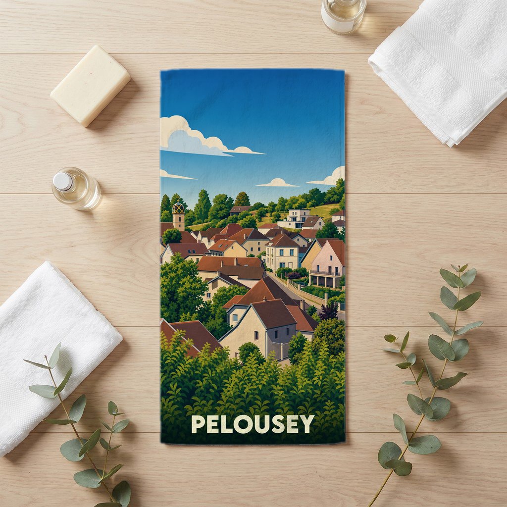 Serviette de bain souvenir de la ville de Pelousey illustrée par un paysage de village coloré.