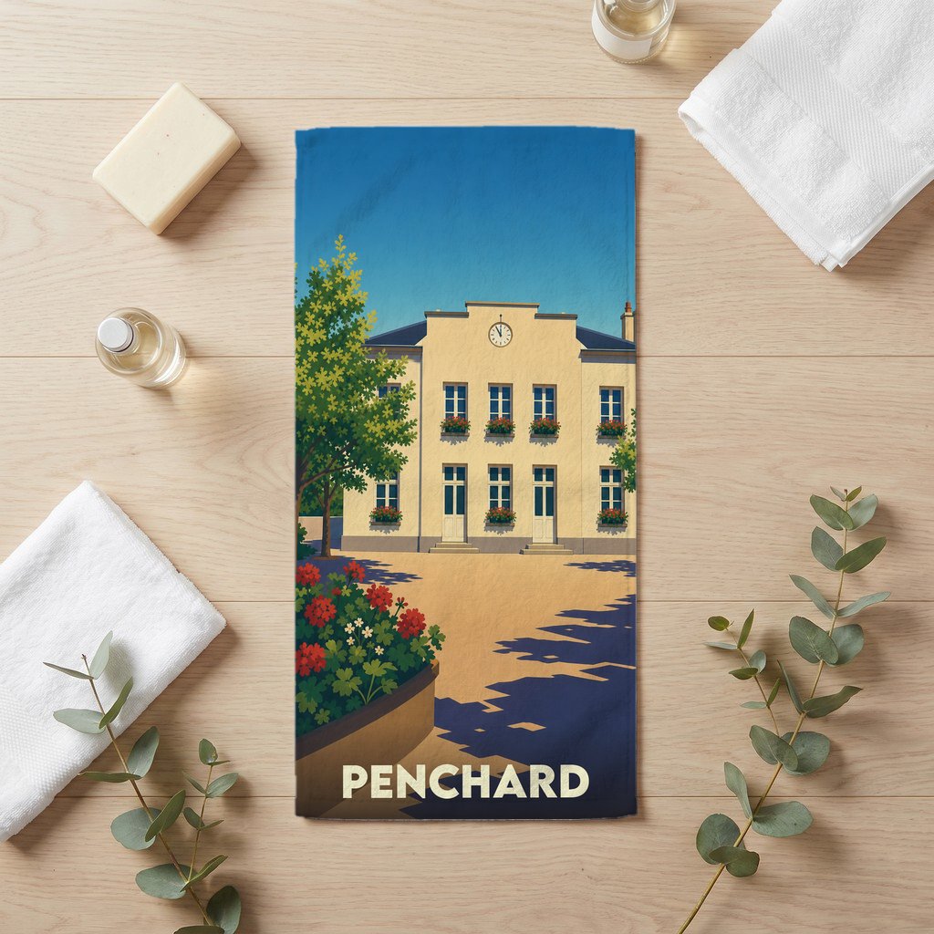 Serviette de bain souvenir de la ville de Penchard avec une illustration stylisée d'un bâtiment communal.