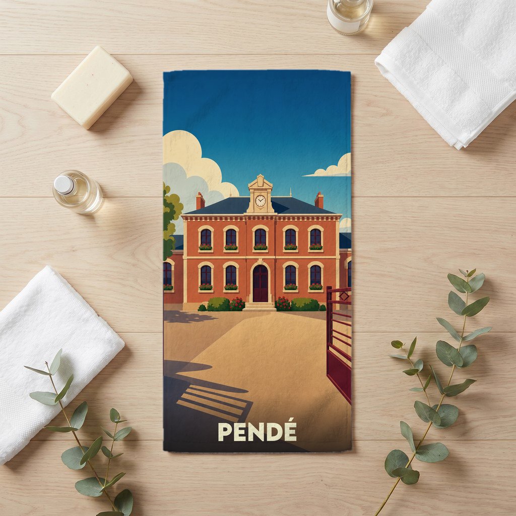 Serviette de bain souvenir de la ville de Pendé avec une illustration stylisée d'un bâtiment historique.
