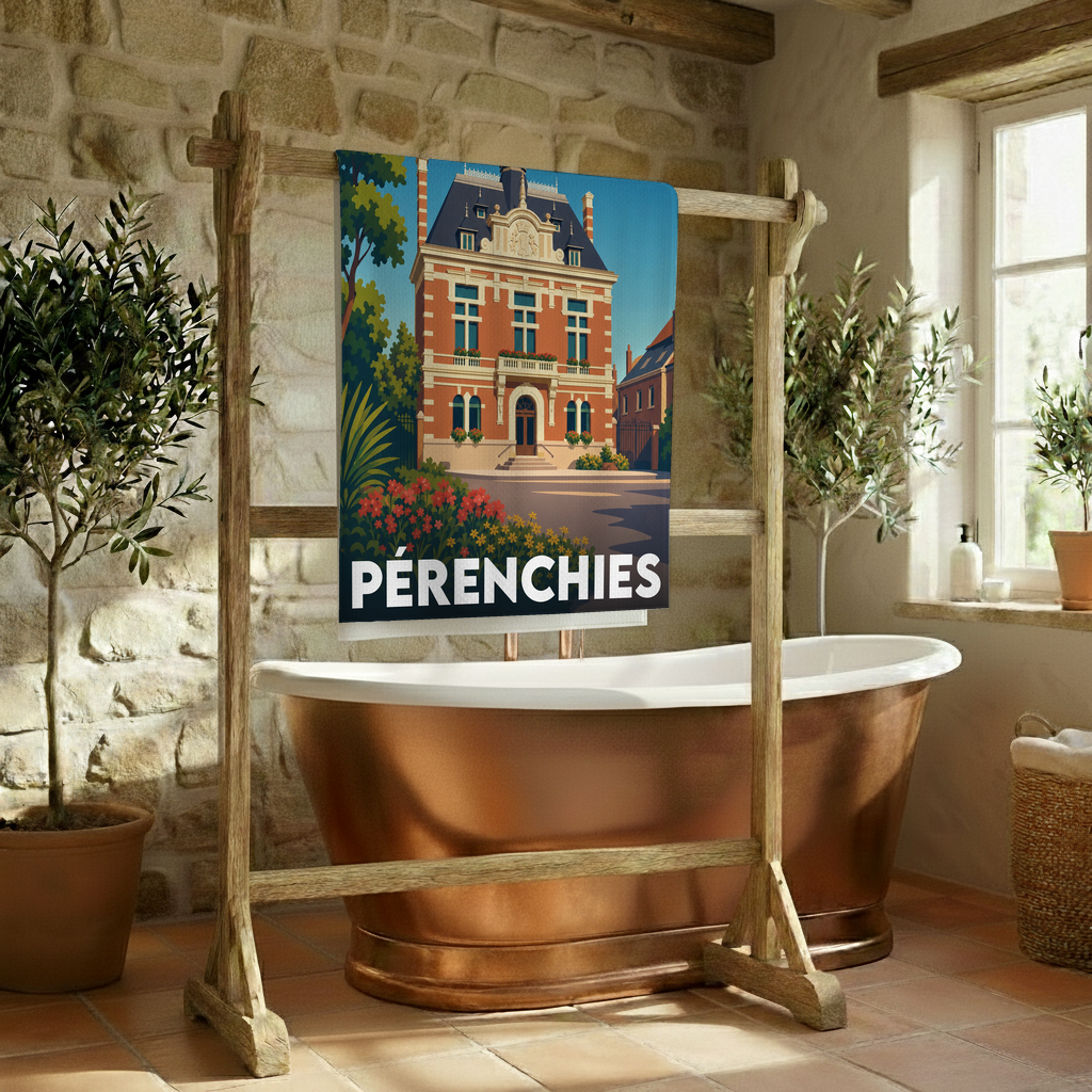 Serviette de bain souvenir de la ville de Pérenchies avec une illustration stylisée.