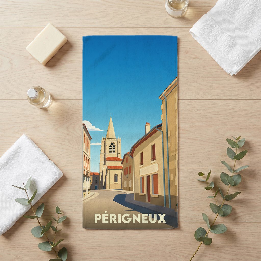 Serviette de bain souvenir de la ville de Périgneux avec une illustration stylisée d'une rue typique.