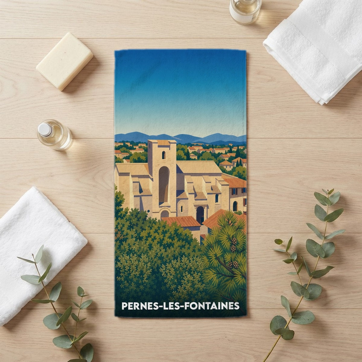 Serviette de bain 30 cm x 60 cm souvenir de Pernes-les-Fontaines