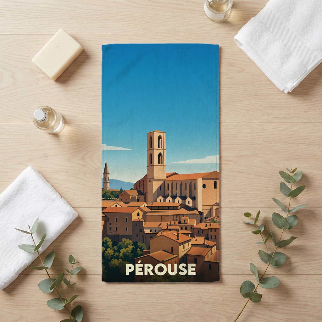 Serviette de bain souvenir de la ville de Pérouse avec une illustration stylisée.