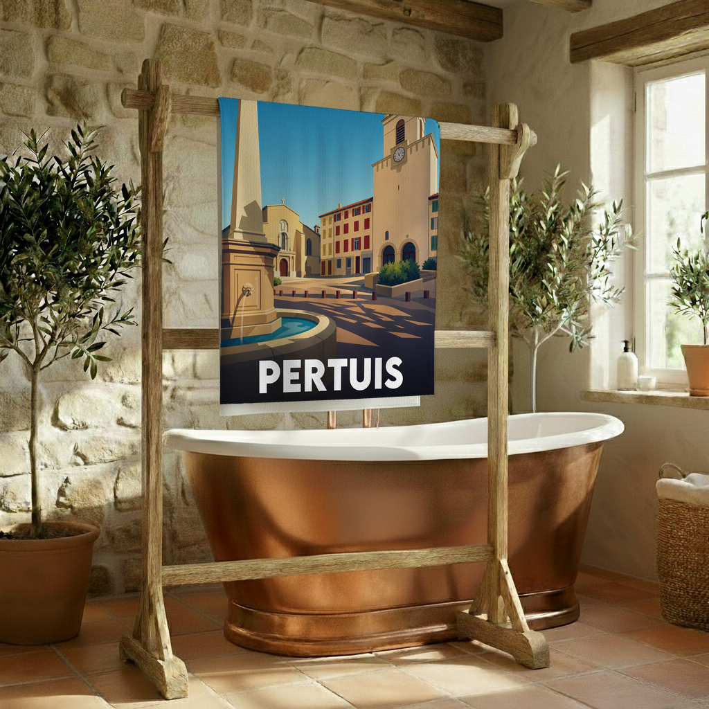 Serviette de bain souvenir de la ville de Pertuis avec une illustration stylisée d'une place provençale.