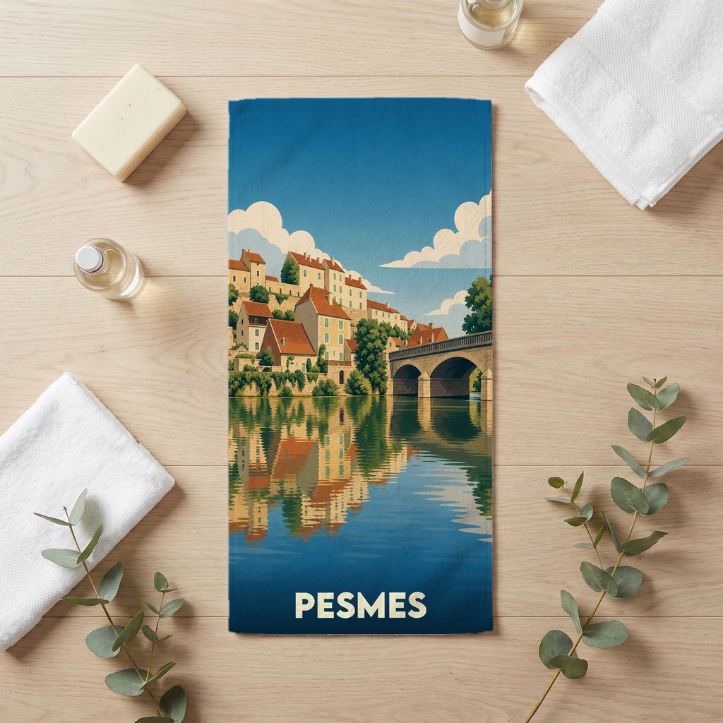 Serviette de bain souvenir de la ville de Pesmes avec une illustration stylisée des bords de l'Ognon.