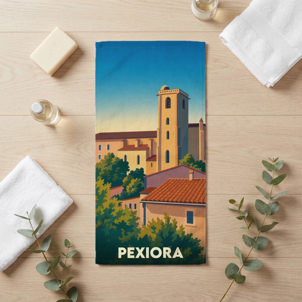 Serviette de bain souvenir de la ville de Pexiora avec une illustration stylisée.