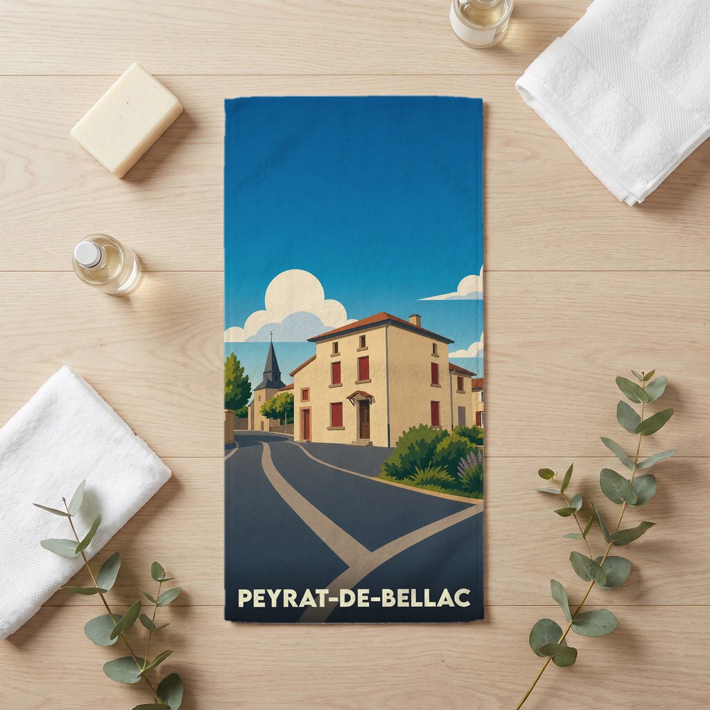 Serviette de bain souvenir de la ville de Peyrat-de-Bellac avec une illustration stylisée.