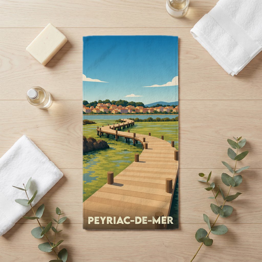 Serviette de bain souvenir de la ville de Peyriac-de-Mer avec une illustration stylisée de ses pontons en bois.
