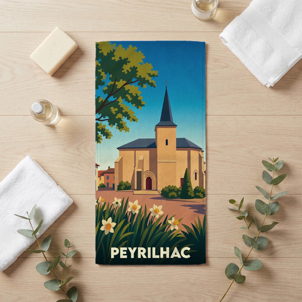 Serviette de bain souvenir de la ville de Peyrilhac avec une illustration stylisée de son église.