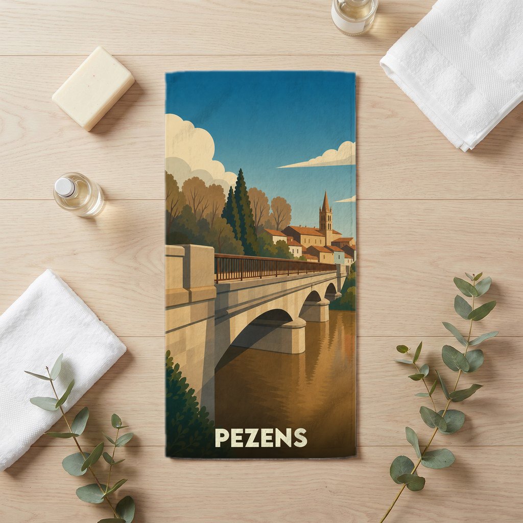 Serviette de bain souvenir de la ville de Pezens avec une illustration stylisée d'un pont en pierre.