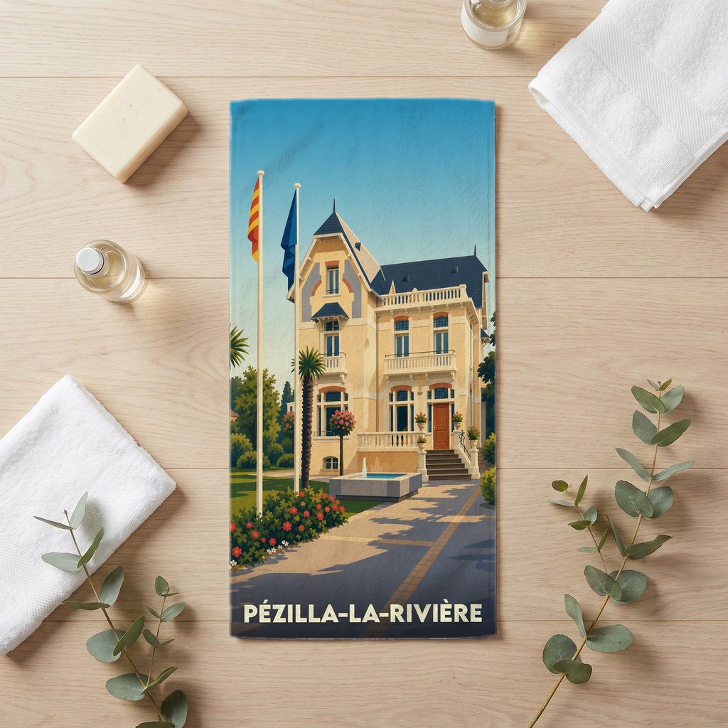 Serviette de bain souvenir de la ville de Pézilla-la-Rivière avec une illustration stylisée.