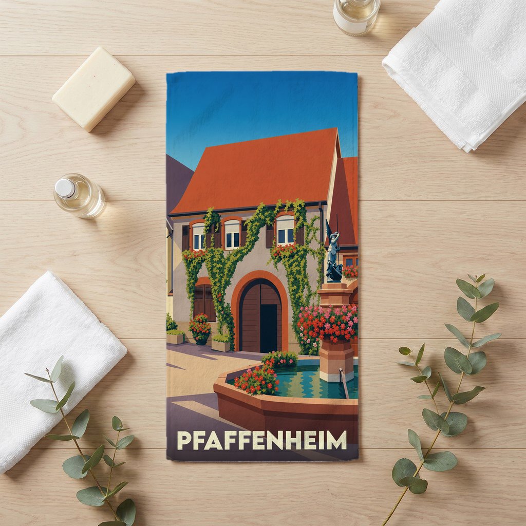 Serviette de bain souvenir de la ville de Pfaffenheim avec une illustration stylisée.