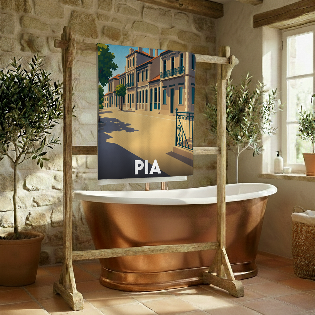 Serviette de bain souvenir de la ville de Pia avec une illustration stylisée.