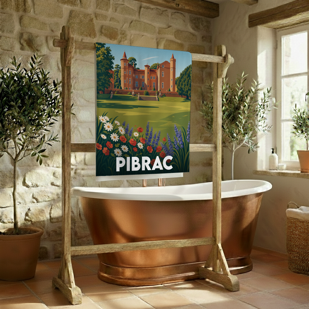 Serviette de bain souvenir de la ville de Pibrac avec une illustration stylisée de son château.