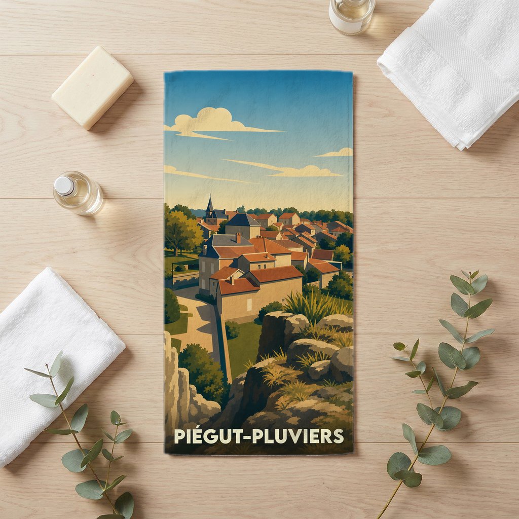 Serviette de bain souvenir de la ville de Piégut-Pluviers illustrée d'un paysage urbain stylisé.