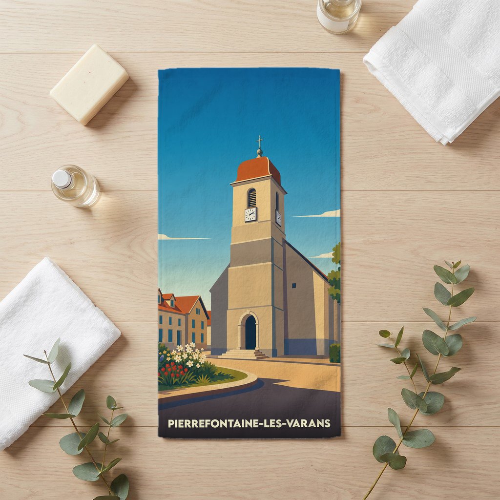 Serviette de bain souvenir de la ville de Pierrefontaine-les-Varans avec une illustration stylisée de son église.