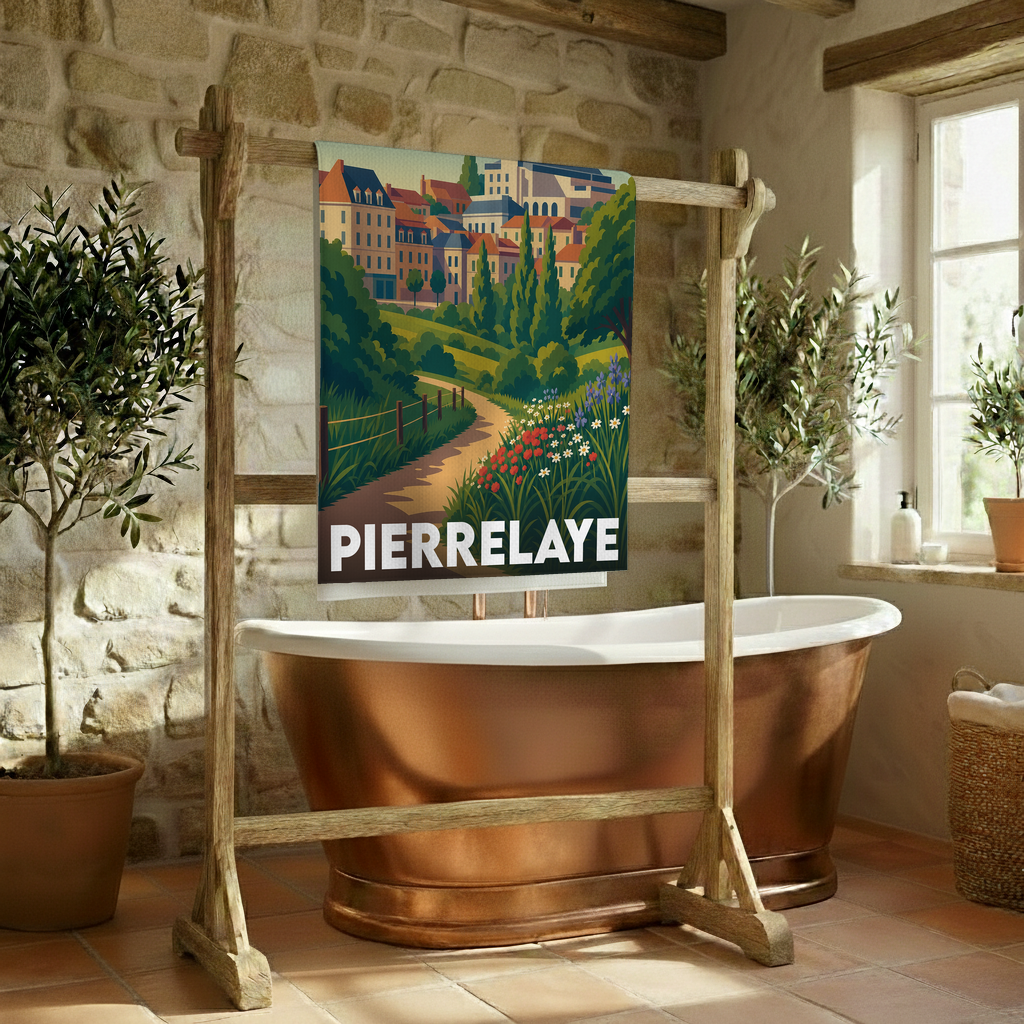 Serviette de bain souvenir de la ville de Pierrelaye avec une illustration de paysage stylisée.