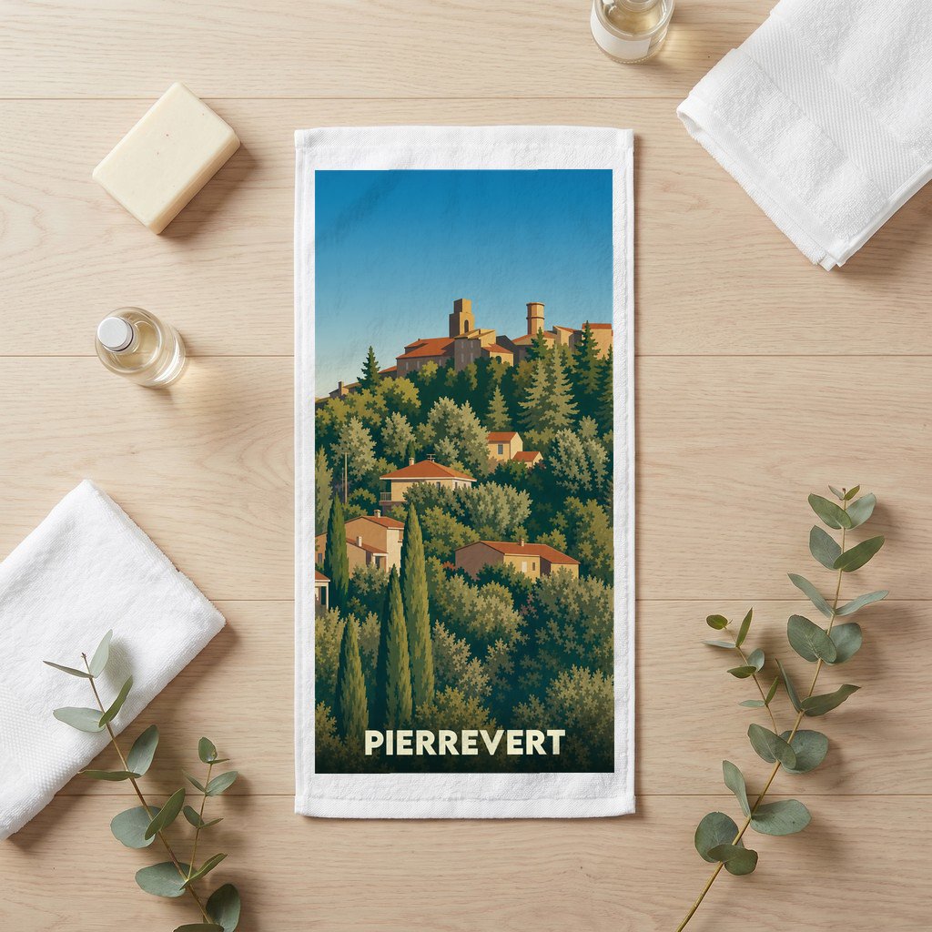 Serviette de bain souvenir de la ville de Pierrevert avec une illustration stylisée d'un village perché.