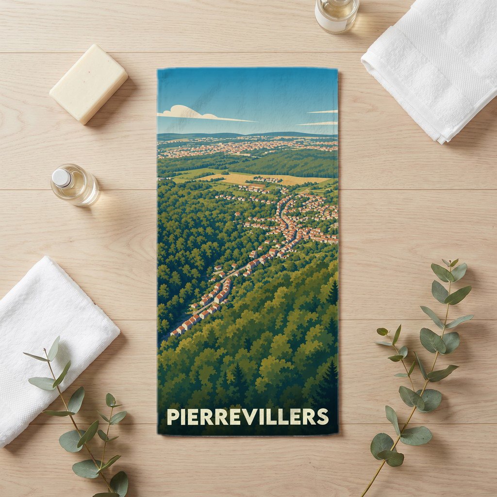 Serviette de bain souvenir de Pierrevillers illustrée d'une vue aérienne stylisée du village et de sa forêt.