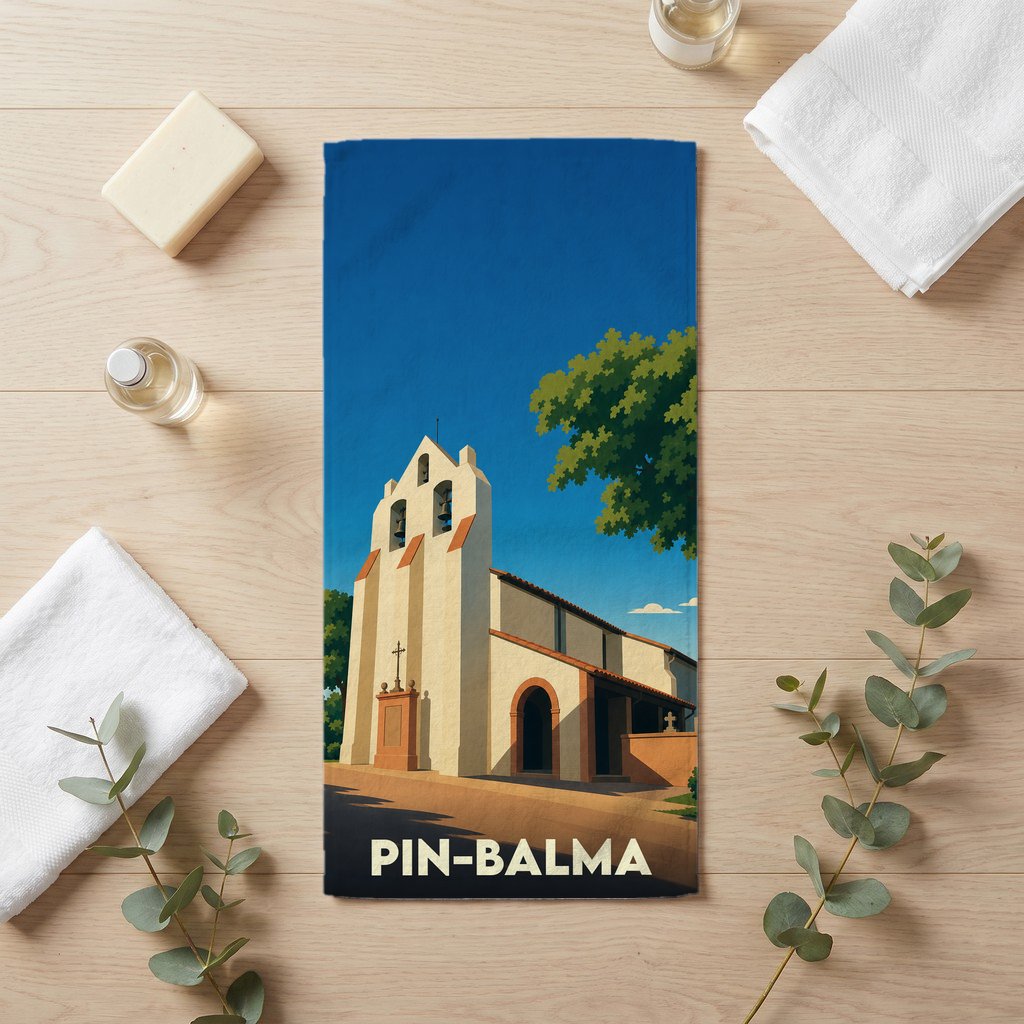 Serviette de bain souvenir de la ville de Pin-Balma avec une illustration stylisée de son église.