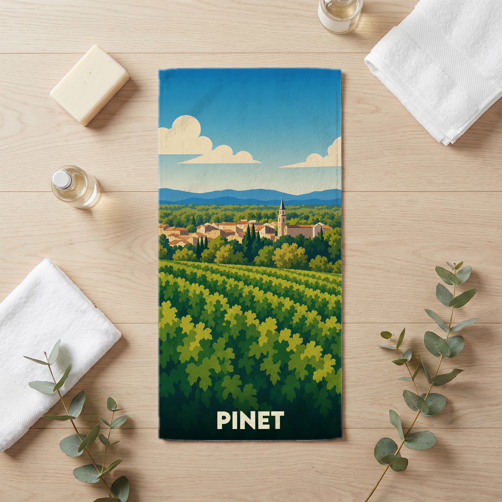 Serviette de bain souvenir de la ville de Pinet avec une illustration stylisée de vignobles et du village.