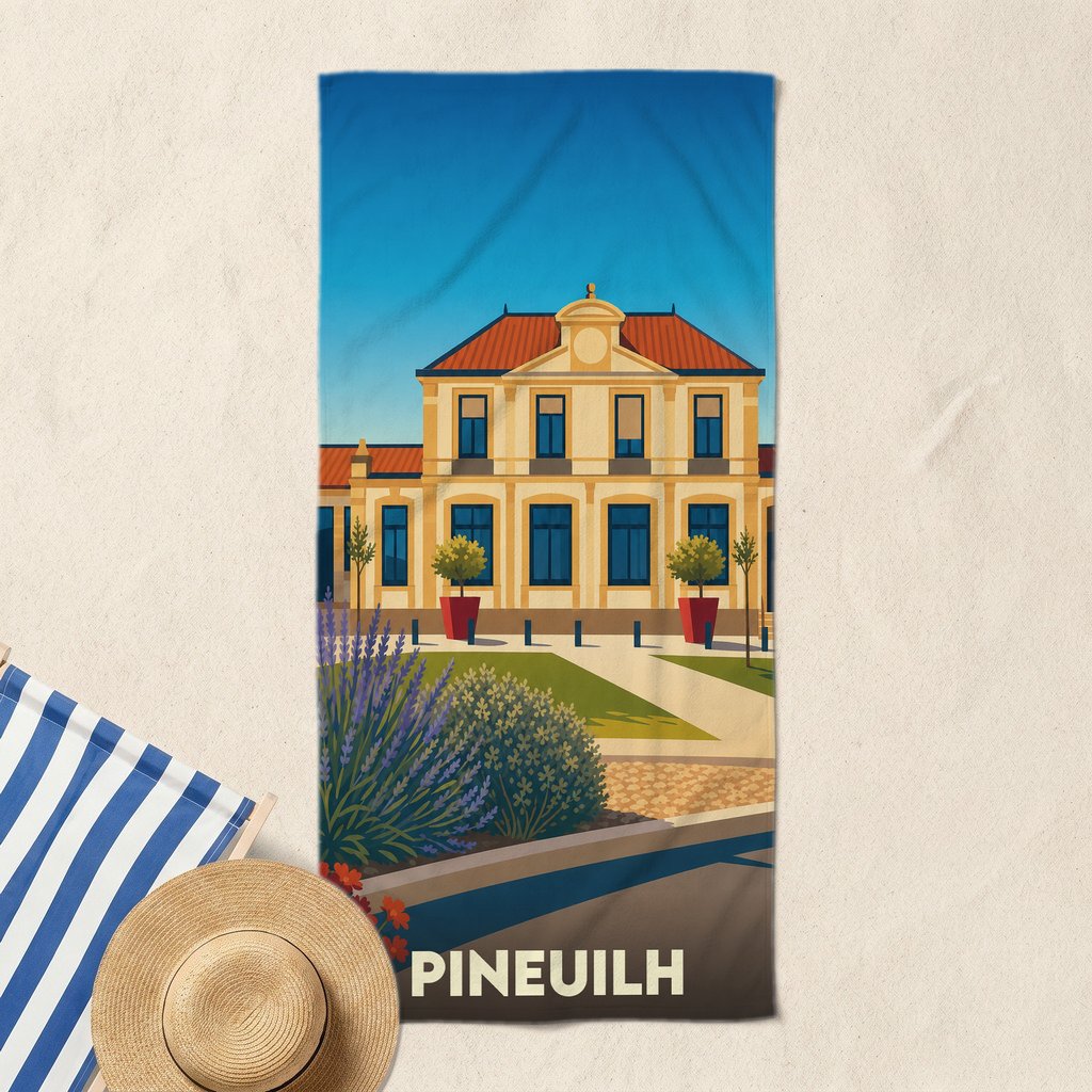 Serviette de plage souvenir de la ville de Pineuilh ornée d'une illustration stylisée de sa mairie.