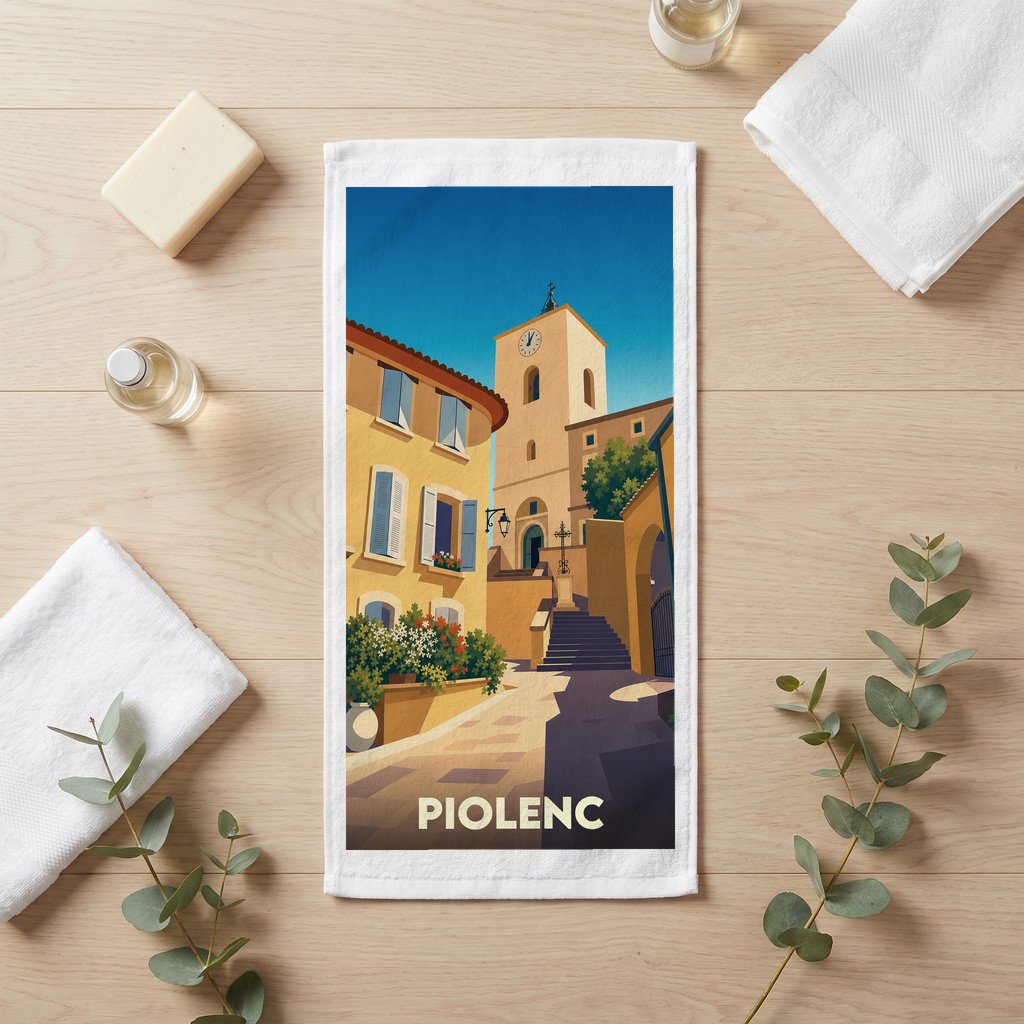 Serviette de bain souvenir de la ville de Piolenc avec une illustration stylisée.