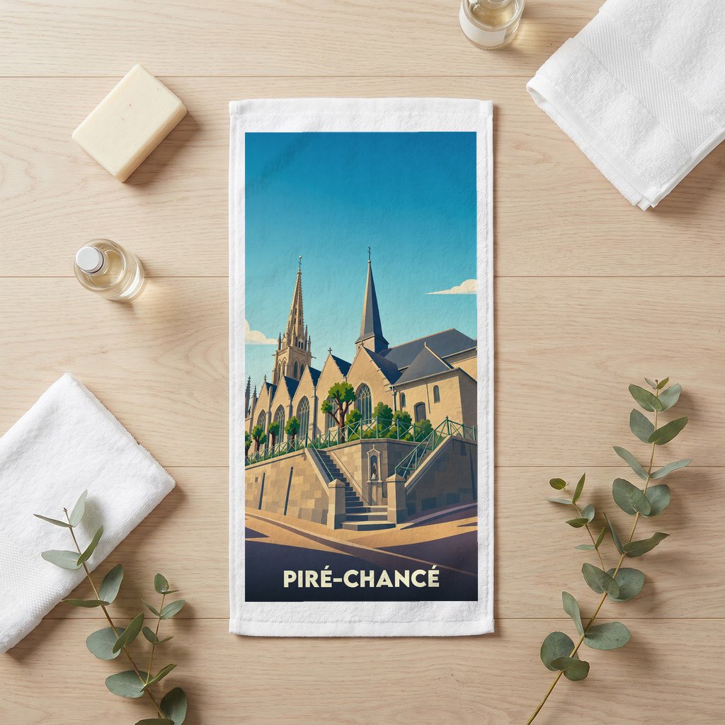 Serviette de bain souvenir de la ville de Piré-Chancé avec une illustration stylisée de son église.