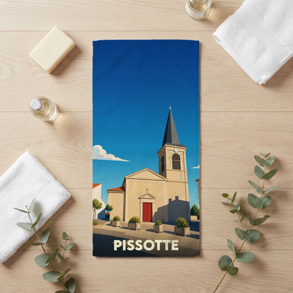Serviette de bain souvenir de la ville de Pissotte avec une illustration stylisée de son église.