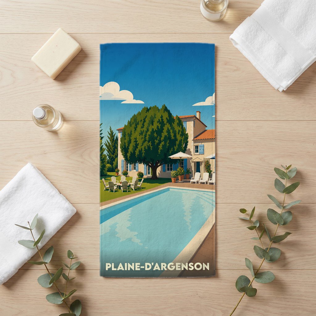 Serviette de bain souvenir de la ville de Plaine-d'Argenson avec une illustration stylisée d'une villa avec piscine.