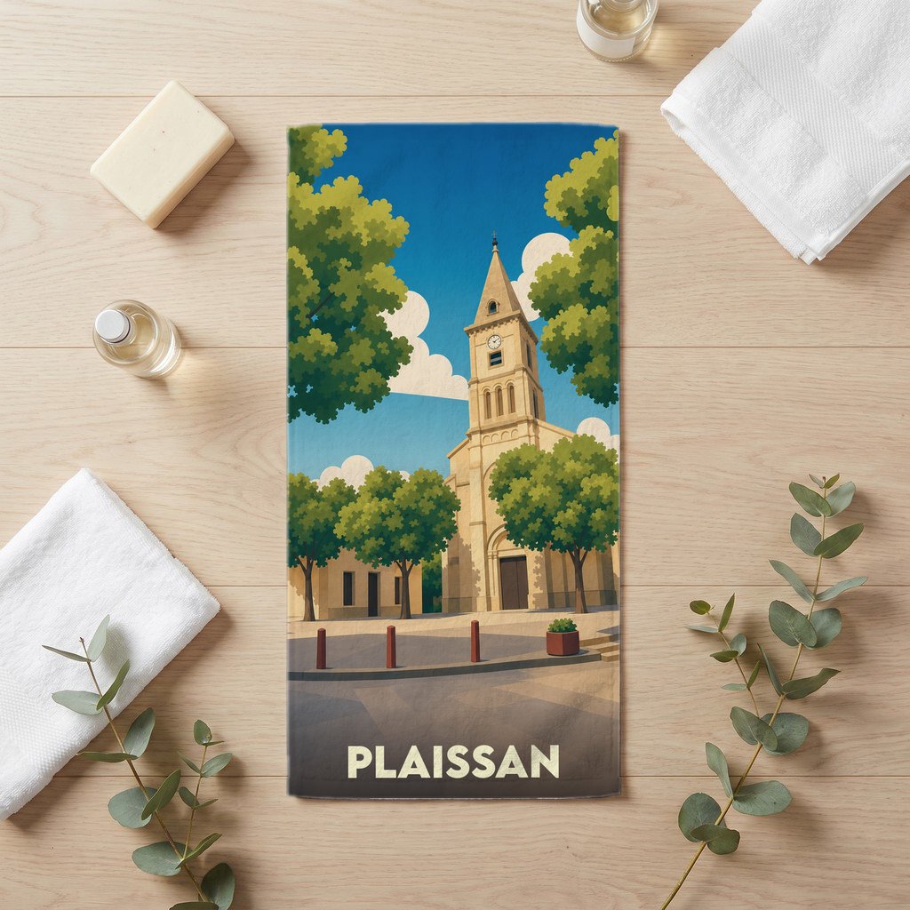 Serviette de bain souvenir de la ville de Plaissan avec une illustration stylisée de son église.