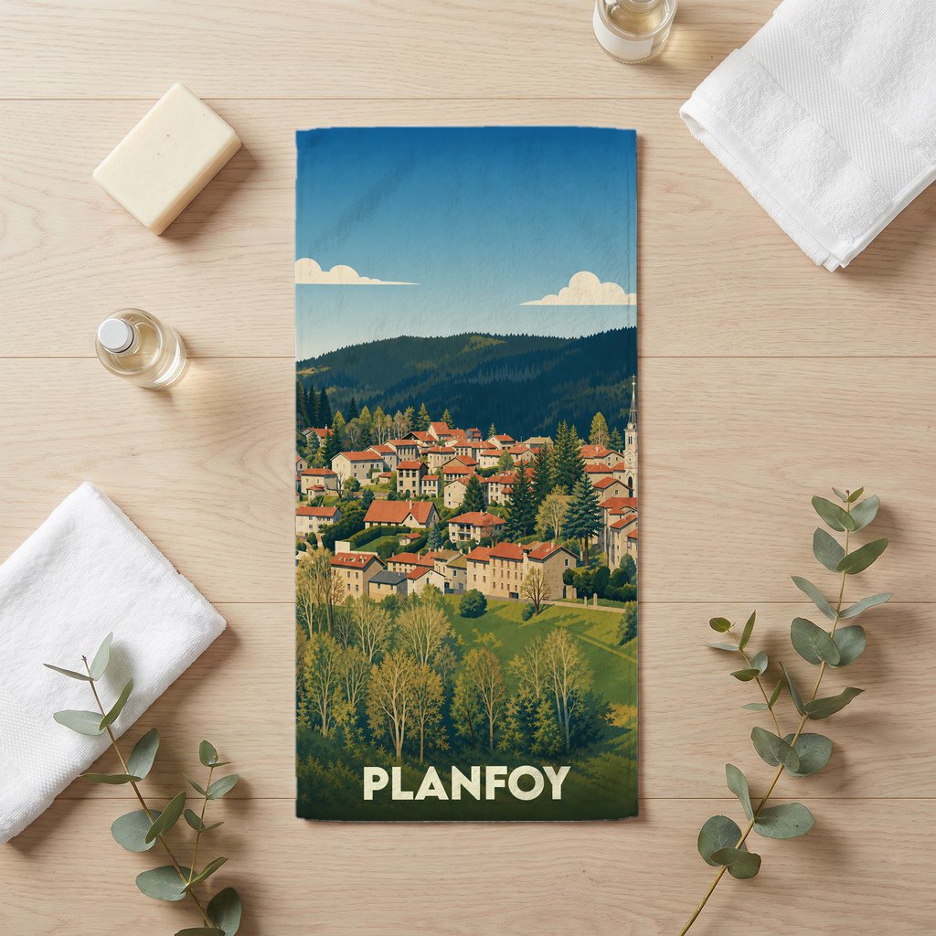 Serviette de bain souvenir de la ville de Planfoy avec une illustration stylisée d'un village de montagne.