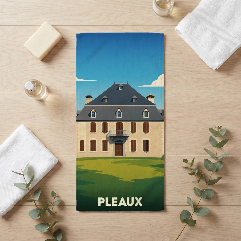 Serviette de bain souvenir de la ville de Pleaux avec une illustration stylisée d'une demeure traditionnelle.