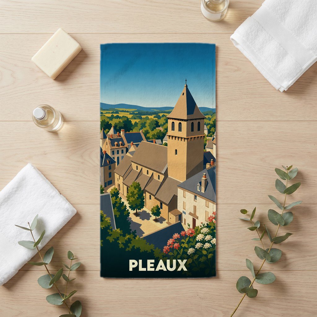 Serviette de bain souvenir de la ville de Pleaux avec une illustration stylisée de son église et de ses paysages.