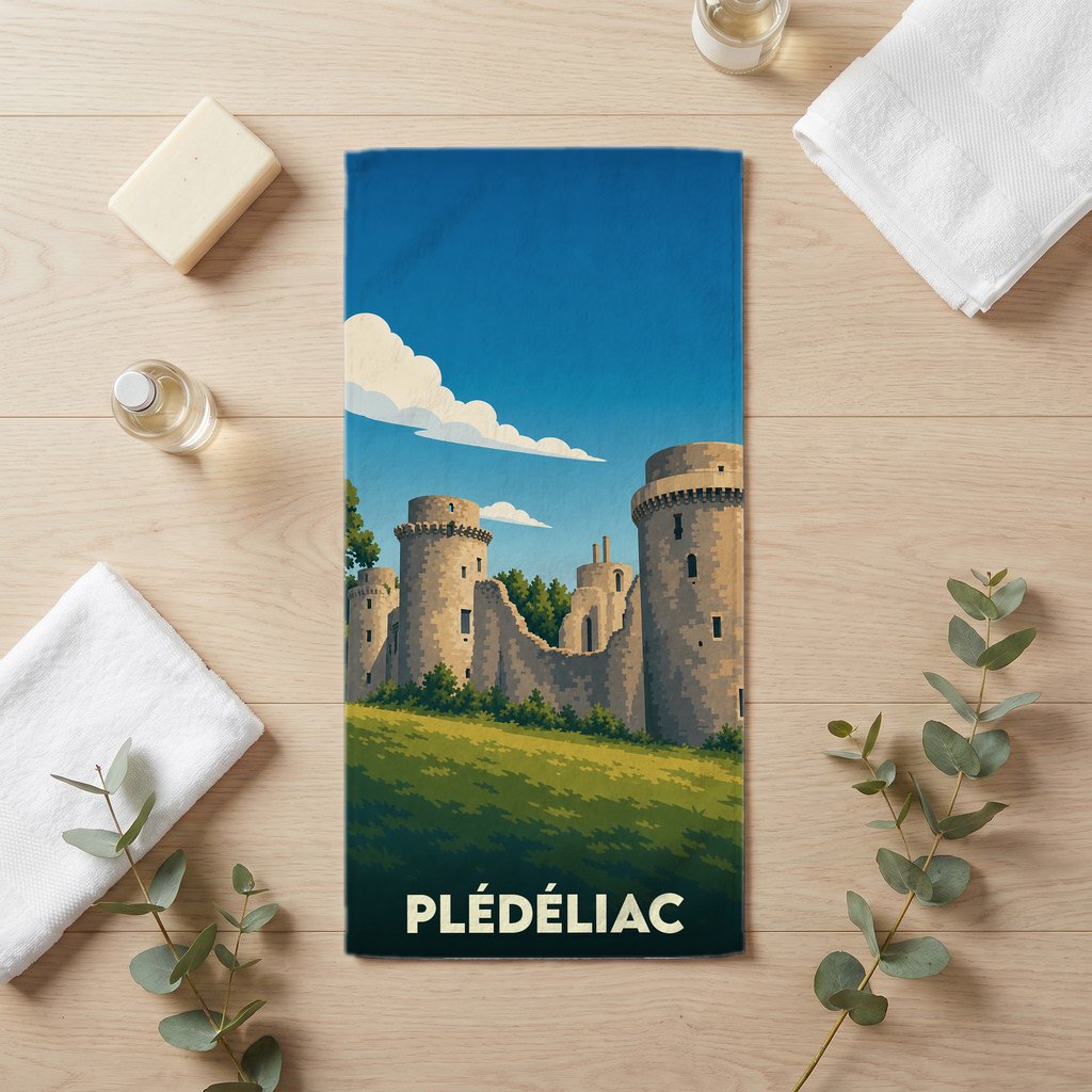 Serviette de bain souvenir de la ville de Plédéliac avec une illustration stylisée de son château.