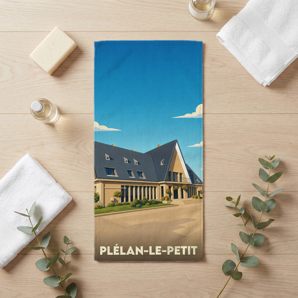 Serviette de bain souvenir de la ville de Plélan-le-Petit avec une illustration stylisée.
